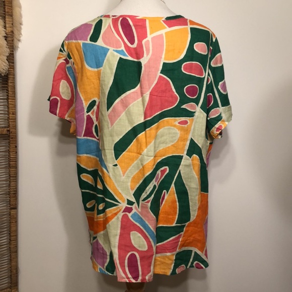 CHRISTIAN SIRIANO-Crewneck LINEN Green,Orange Pink Floral/Tropical Blouse Top 2X - Picture 7 of 10